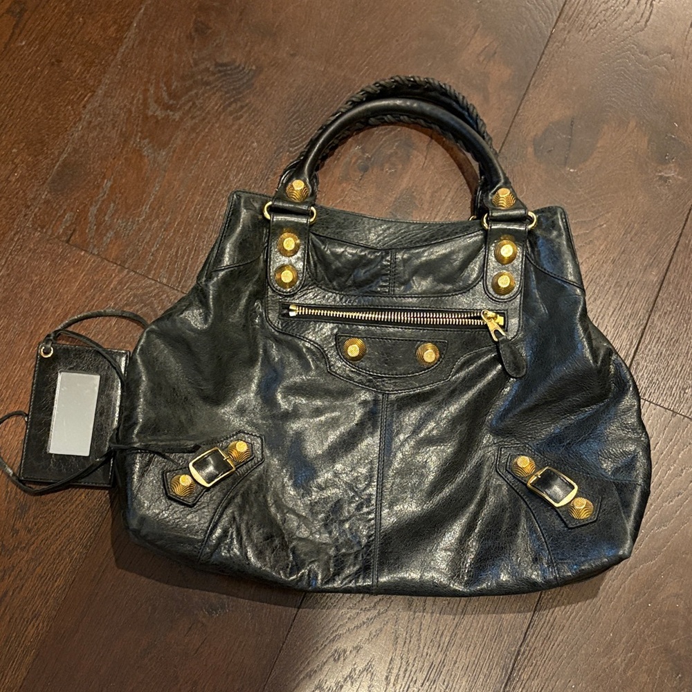 Black Leather Women's Vintage Balenciaga Motocross Giant Gold Hardware Hobo Bag